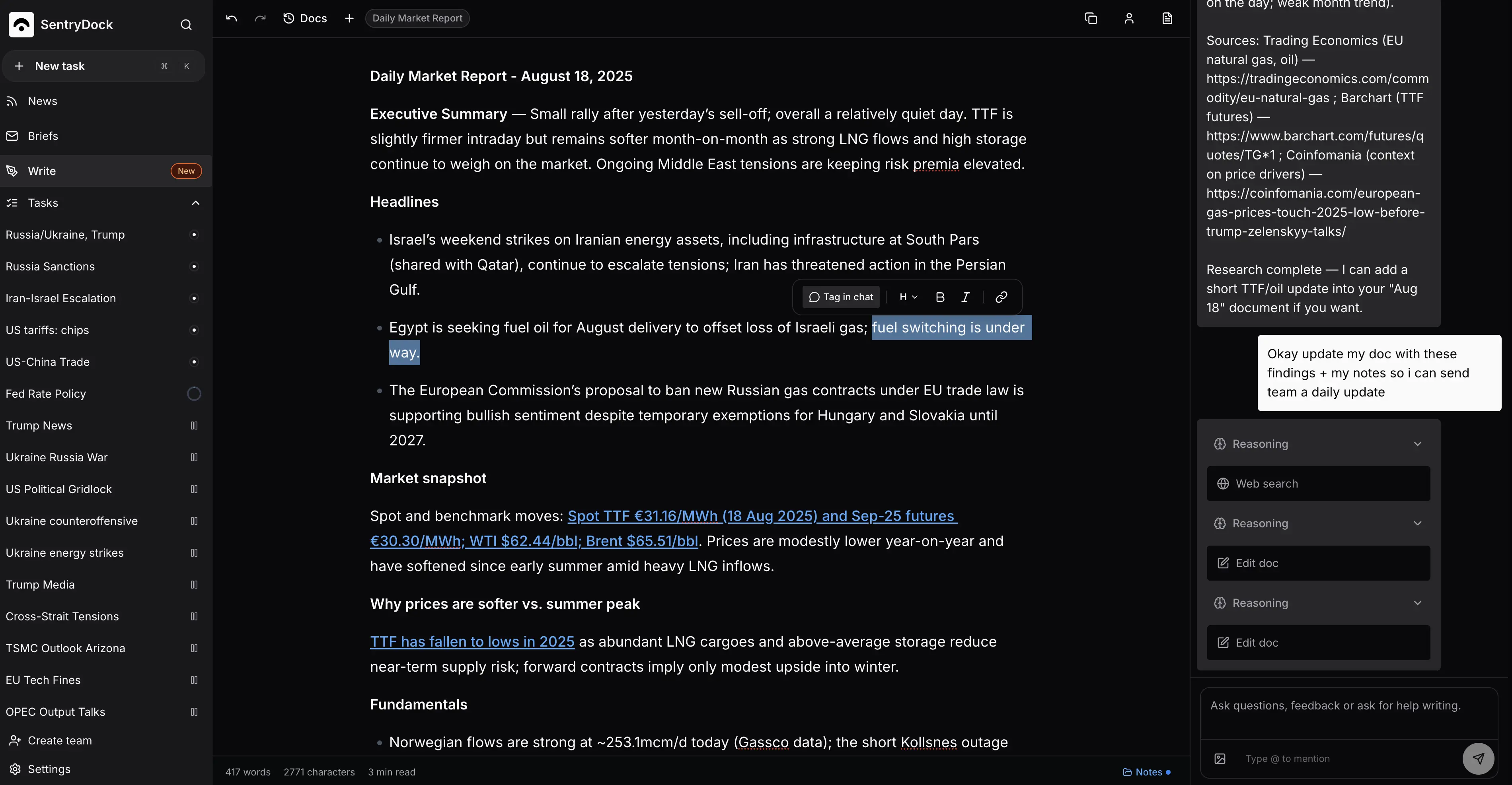 Research briefing interface showing personalized industry developments for analysts