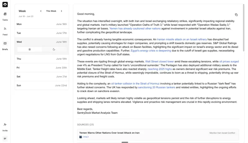 SentryDock briefing and alert screen