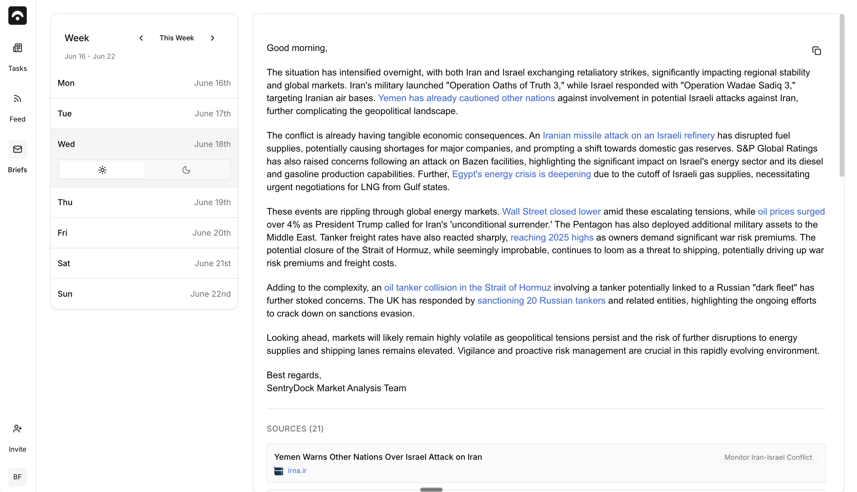 Research briefing interface showing personalized industry developments for analysts