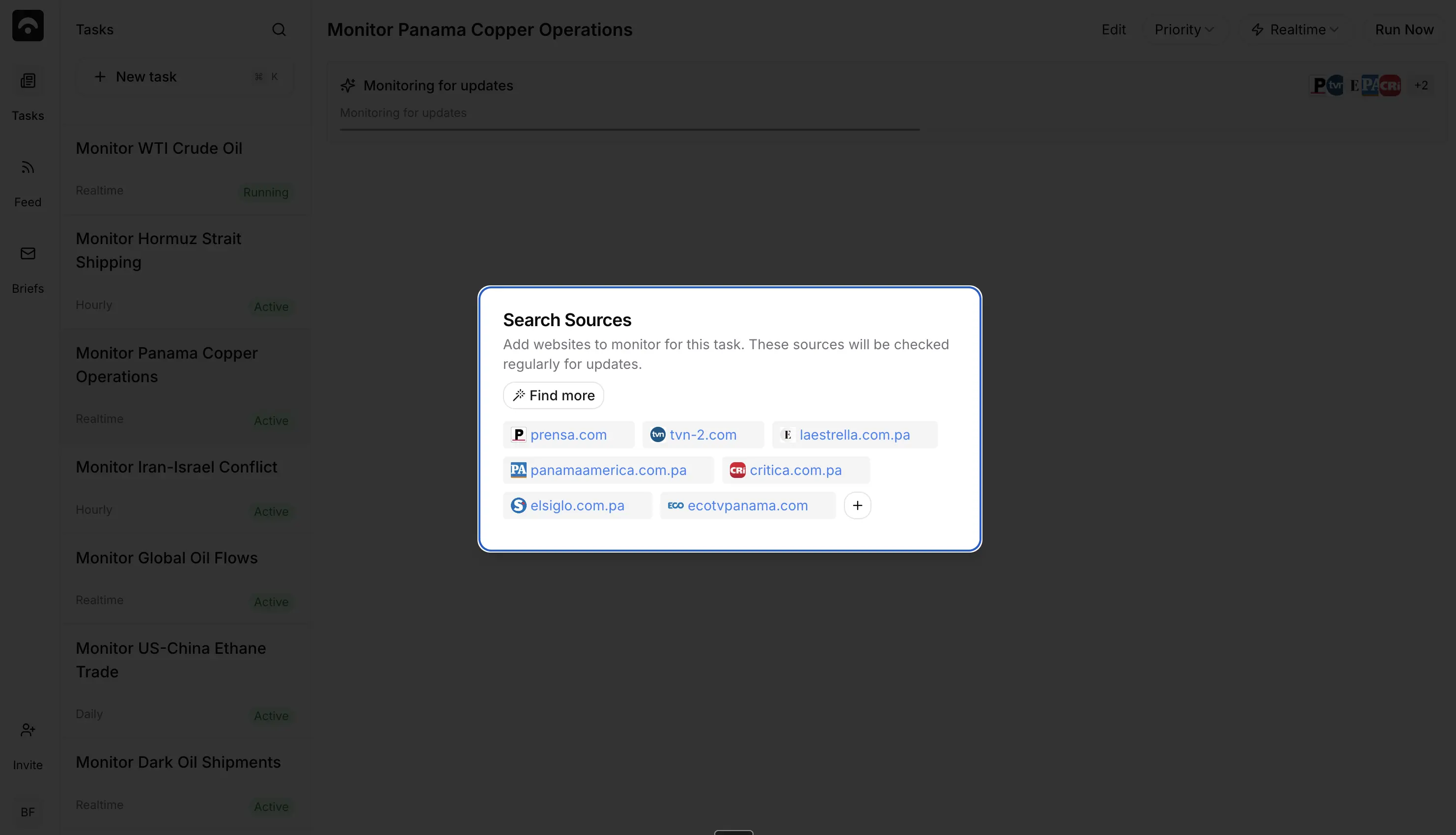 Original source interface showing local news and social sources for analysts