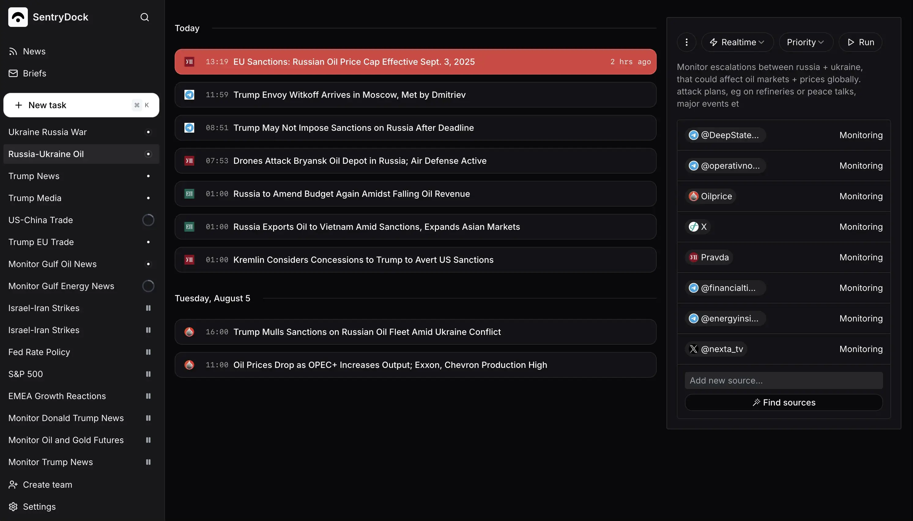 SentryDock dashboard for analysts